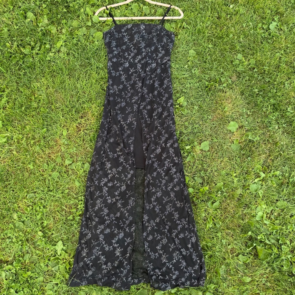 Next Up Maxi Dress Small Black Floral Glitter Mesh Overlay Y2K Grunge Slit
